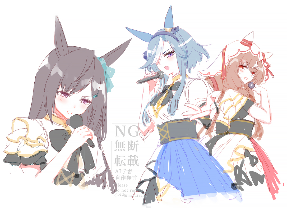 romi (346 ura), admire groove (umamusume), mejiro dober (umamusume), still in love (umamusume), umamusume, commentary request, unfinished, 3girls, animal ears, black bow, black bowtie, black hair, blue hair, blue skirt, bow, bowtie, brown hair, choker, cropped torso, dress, ear bow, frilled dress, frills, hair ornament, hairclip, holding, holding microphone, horse ears, idol, idol clothes, long hair, looking at viewer, microphone, multiple girls, music, open mouth, outstretched hand, purple eyes, red eyes, short hair with long locks, simple background, singing, sketch, skirt, smile, underbust, veil, watermark, white background, white dress, yellow choker