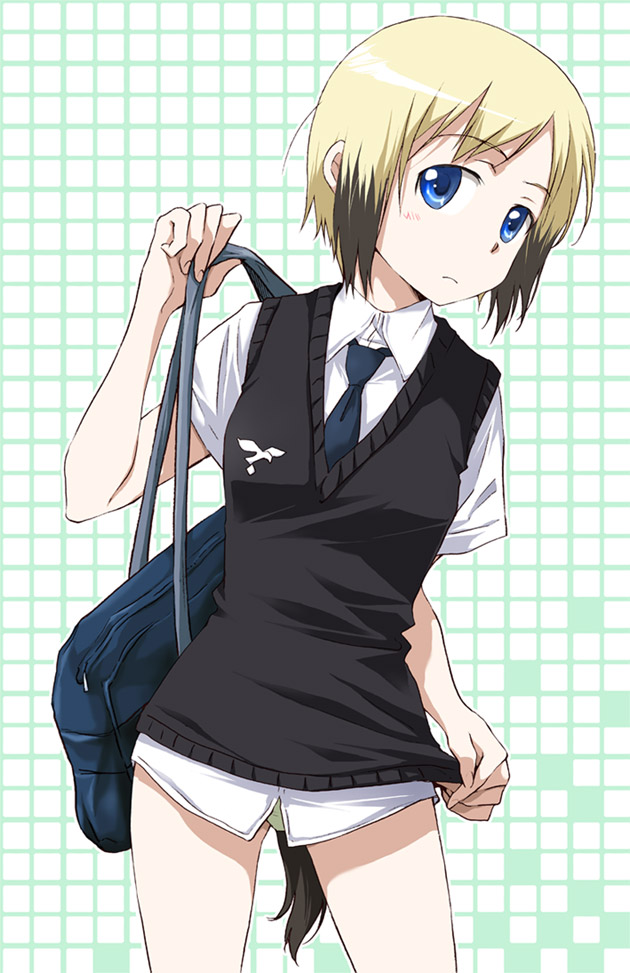 agahari, erica hartmann, strike witches, world witches series, 00s, 1girl, alternate costume, animal ears, bag, blonde hair, blue eyes, female focus, multicolored hair, necktie, panties, school uniform, solo, tail, two-tone hair, underwear