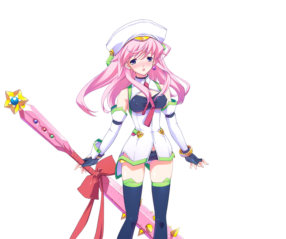 matsuo yukihiro, seira orgel, blood tune, chaos;head, science adventure, shiny eyes, game cg, official art, 1girl, arm belt, bandeau, bare shoulders, beret, black bandeau, black gloves, black panties, black thighhighs, blush, covered erect nipples, cute weapon, detached sleeves, earrings, embarrassed, fingerless gloves, gloves, green trim, hat, holding, holding weapon, jewelry, long hair, looking at viewer, mace, magical girl, narrowed eyes, necktie, open mouth, panties, pink hair, purple eyes, red necktie, samurai condenser, solo, sprite, star (symbol), thighhighs, thighs, tongue, transparent background, underwear, weapon, white hat, white panties, white sleeves, zettai ryouiki