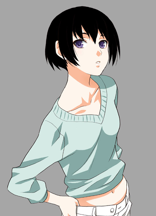 mattaku mousuke, original, black hair, bob cut, collarbone, hand on own hip, hip focus, midriff, navel, purple eyes, short hair, simple background, solo