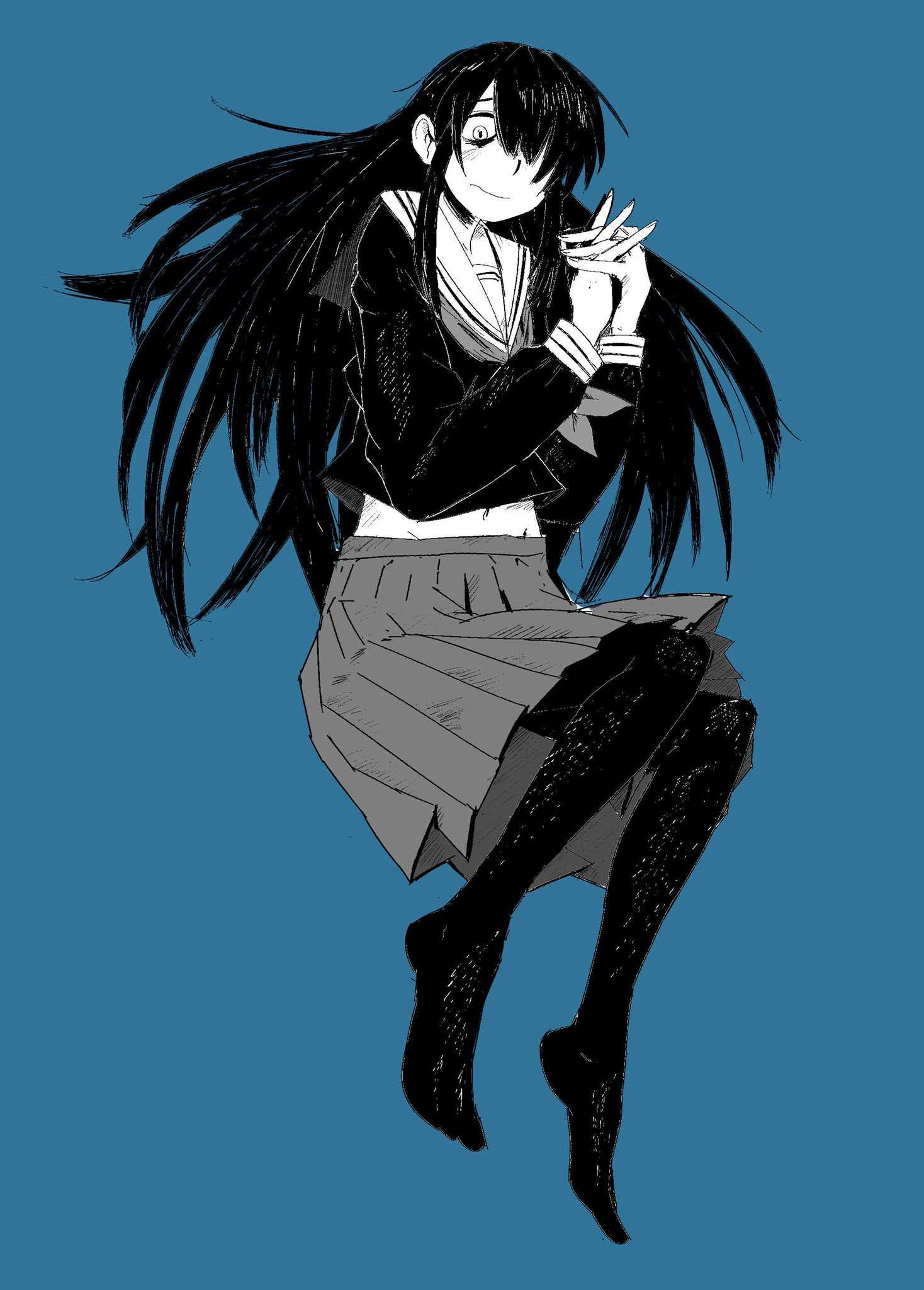sugarspot jr., izumozaki neneko, shironagasu-tou e no kikan, highres, 1girl, bags under eyes, blue background, frown, full body, greyscale with colored background, hair over one eye, hands up, interlocked fingers, long hair, long sleeves, looking at viewer, midriff, mojyo, navel, neckerchief, nervous, no shoes, own hands together, pantyhose, pleated skirt, school uniform, serafuku, simple background, skirt, solo, wavy mouth