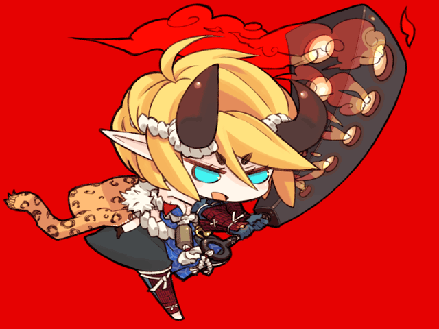 mota, blonde hair, chibi, horns, mace, pointy ears, short hair, solo, weapon
