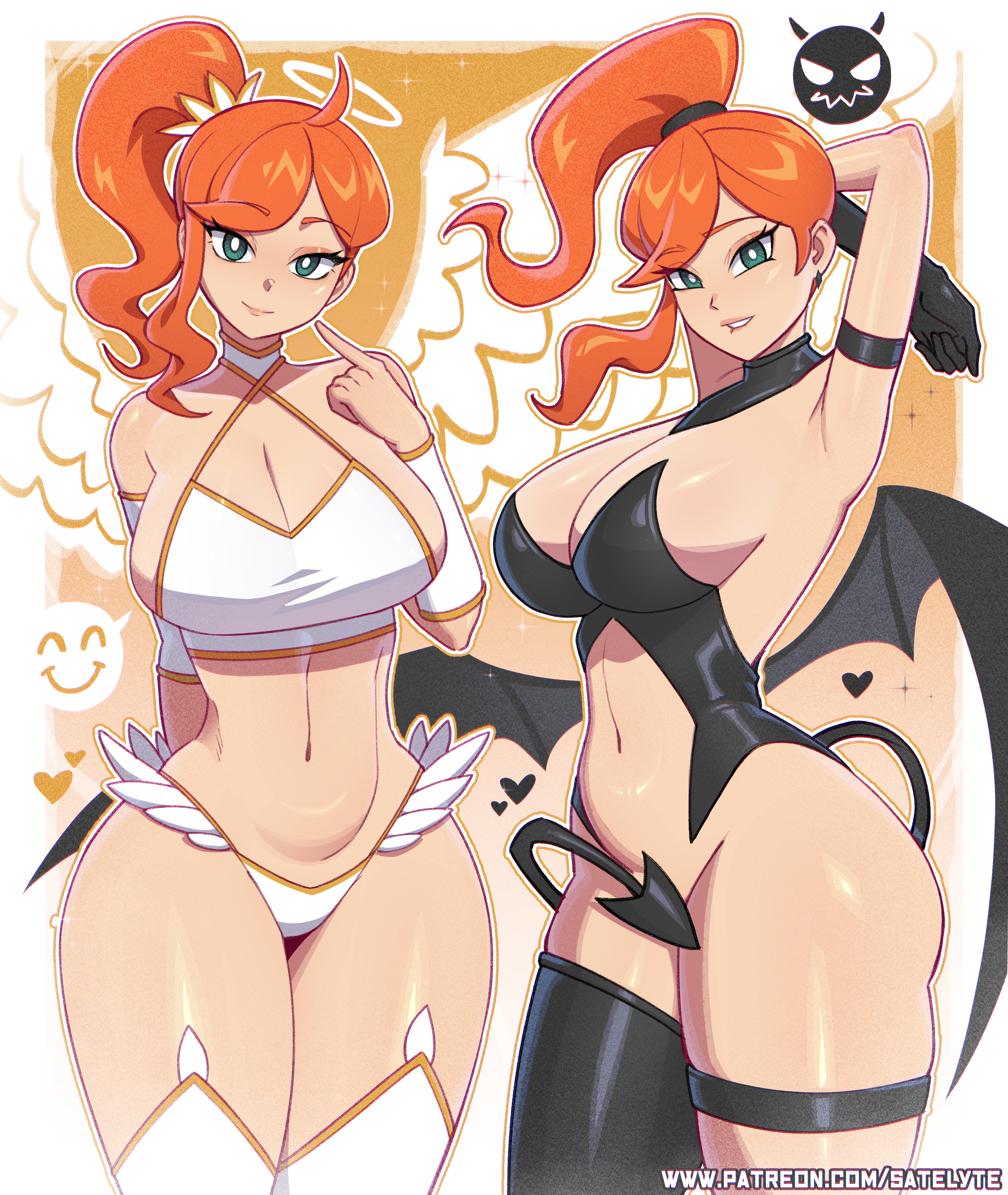 satelyte, sonia (pokemon), nintendo, pokemon, pokemon swsh, absurdres, highres, 1girl, ahoge, angel, angel and devil, angel wings, armband, arms behind head, arms up, bikini, biting own lip, black gloves, black leotard, blush, bottomless, breasts, cleavage, convenient censoring, demon girl, demon tail, demon wings, detached collar, earrings, finger to mouth, gloves, green eyes, grin, halloween, halloween costume, halo, heart, index finger raised, jewelry, large breasts, leotard, long hair, looking at viewer, multiple views, navel, orange hair, ponytail, side ponytail, single glove, smile, smiley face, speech bubble, spoken smile, standing, sweat, swimsuit, tail, tail censor, teeth, thick thighs, thighhighs, thighs, white bikini, white thighhighs, wide hips, wings, wristband