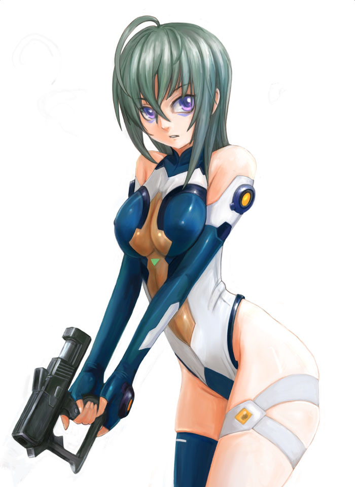 ikara, kannagi itsuki, sora wo kakeru shoujo, 00s, 1girl, ahoge, breasts, cleavage, elbow gloves, female focus, gloves, green hair, gun, handgun, large breasts, leotard, pistol, purple eyes, solo, thighhighs, weapon
