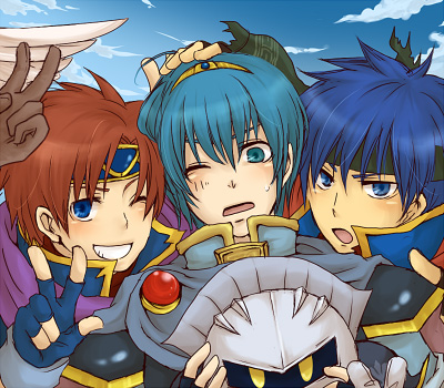 ike (fire emblem), marth (fire emblem), meta knight, roy (fire emblem), fire emblem, fire emblem: mystery of the emblem, fire emblem: path of radiance, fire emblem: the binding blade, kirby (series), nintendo, super smash bros., lowres, 3boys, blue eyes, blue hair, blush, brown hair, gloves, headband, male focus, mask, multiple boys, one eye closed, red hair, short hair, tiara, v, wink, yellow eyes