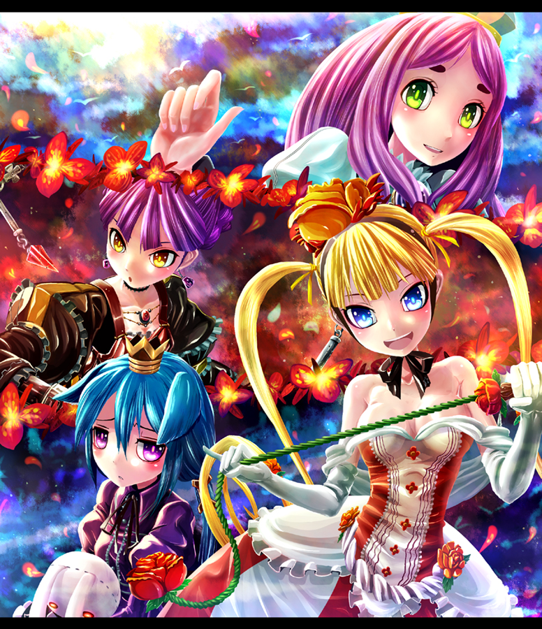 kabutoyama, alusha (7th dragon), maron (7th dragon), momomeno (7th dragon), princess (7th dragon), sora (7th dragon), 7th dragon, 7th dragon (series), 4girls, elbow gloves, gloves, multiple girls, whip