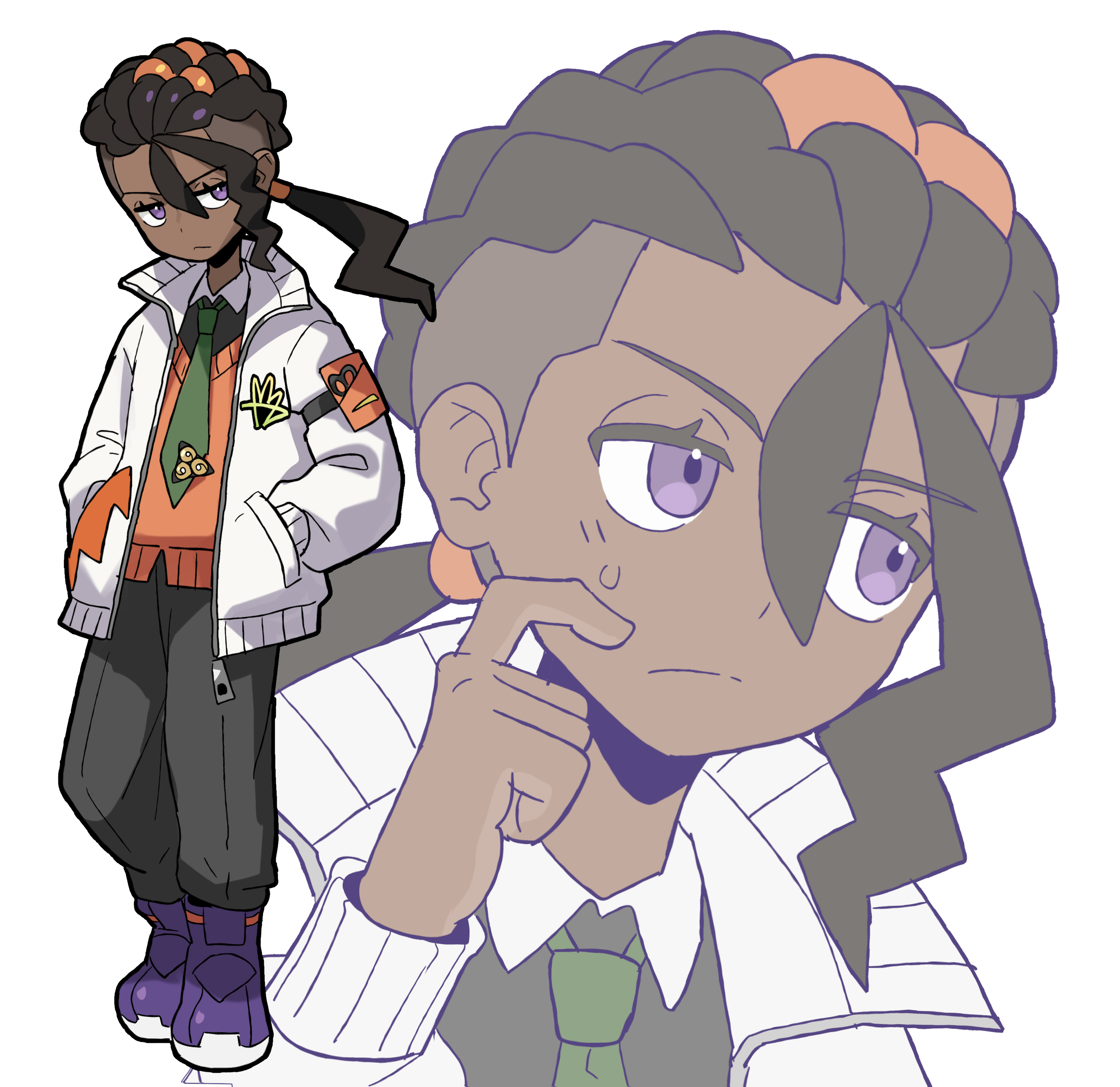 sach56000, naveen (pokemon), nintendo, pokemon, pokemon legends: z-a, absurdres, highres, 1boy, :/, averting eyes, brooch, brown hair, dark skin, dreadlocks, frown, full body, green necktie, grey pants, hair between eyes, hair pulled back, hair tubes, half-closed eyes, hands in pockets, jewelry, looking to the side, low ponytail, male focus, necktie, orange sweater vest, pants, ponytail, portrait, purple eyes, purple shoes, scratching cheek, shoes, small sweatdrop, solo, sweater vest, undercut