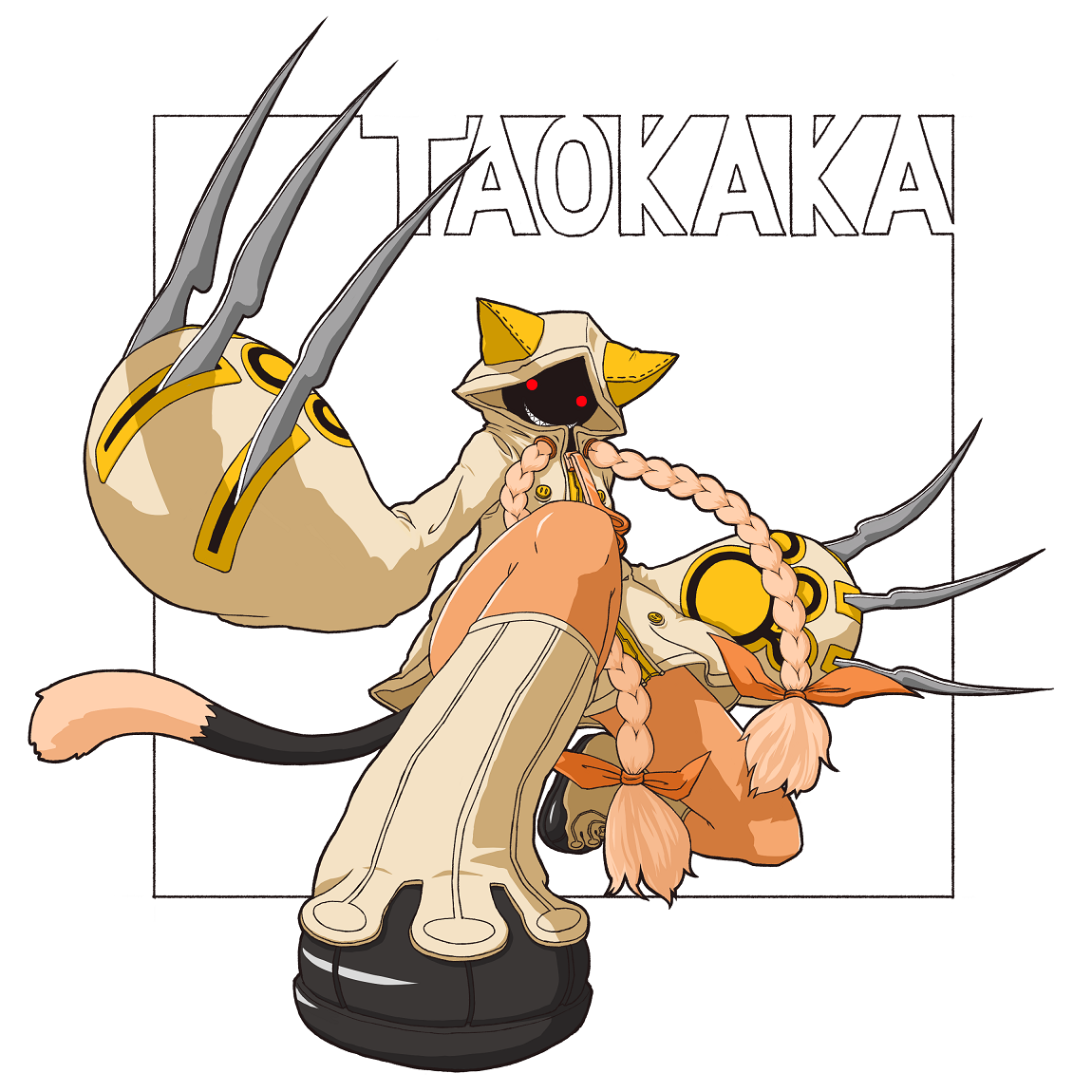 taokaka, arc system works, blazblue, animal hood, braid, cat hood, character name, claws, grin, hood, hoodie, red eyes, smile, solo, tail, twin braids