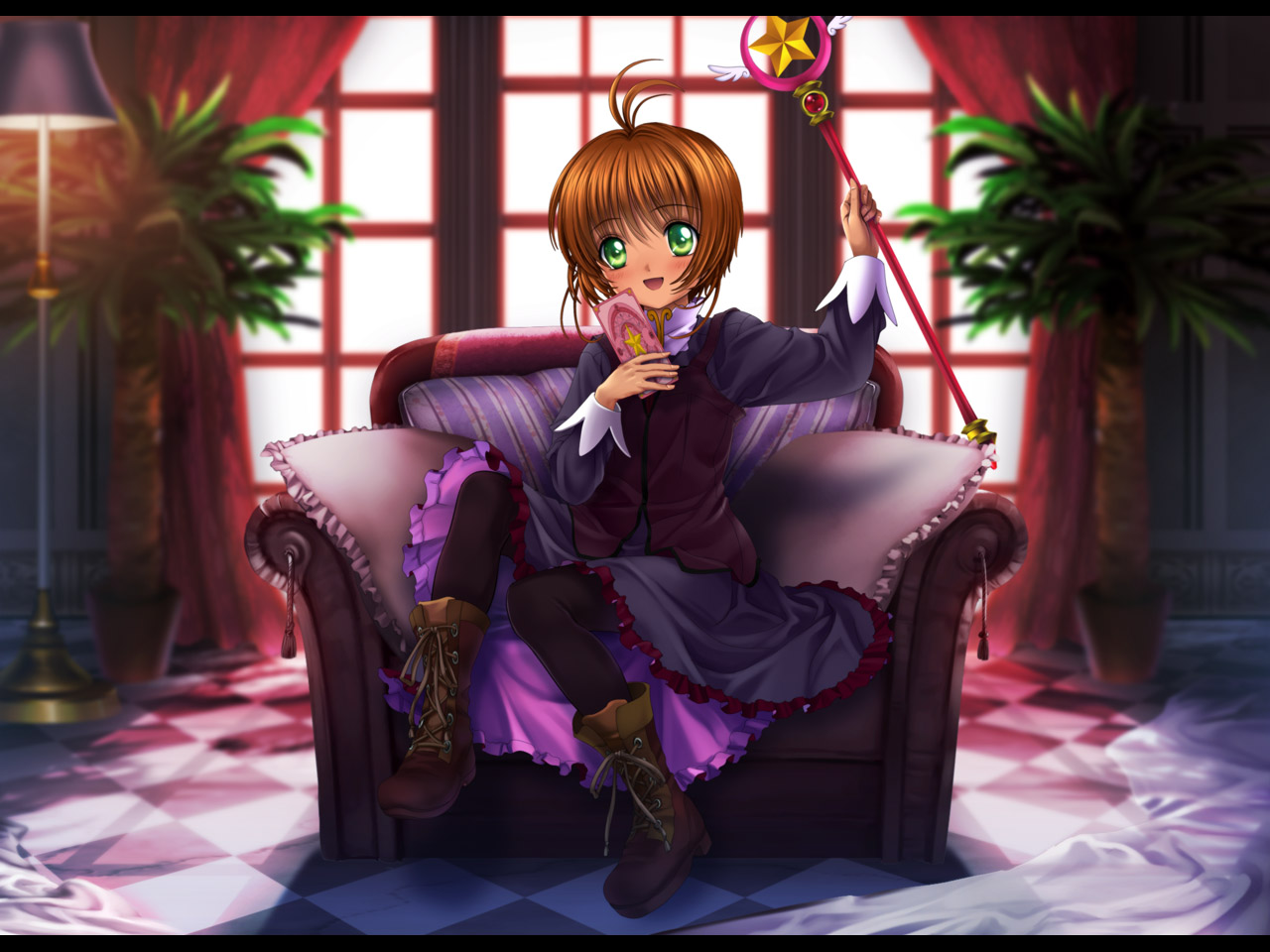 mutsuki (moonknives), kinomoto sakura, cardcaptor sakura, kodansha, 1990s (style), 1girl, antenna hair, blush, boots, brown hair, card, chair, child, curtains, dress, female focus, full body, green eyes, happy, holding, holding card, hoshi no tsue, lamp, magical girl, open mouth, pantyhose, plant, retro artstyle, short hair, sitting, smile, solo, staff, turtleneck, window
