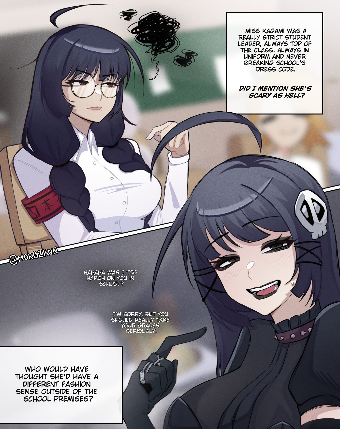 morgzkun, original, commentary, english commentary, highres, 1girl, ahoge, armband, black choker, black dress, black eyeliner, black eyes, black gloves, black hair, black lips, breasts, choker, closed mouth, collared shirt, dress, english text, eyeliner, glasses, gloves, goth fashion, hair ornament, hand up, jewelry, large breasts, lipstick, long hair, long sleeves, looking at viewer, makeup, multiple rings, open mouth, pointing, pointing at self, red armband, ring, round eyewear, shirt, skull hair ornament, smile, spiked choker, spikes, squiggle, talking, white shirt, wispy bangs, x hair ornament