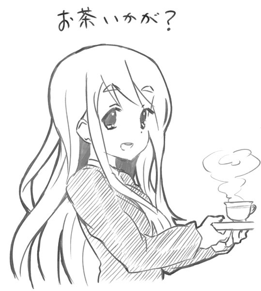 kakifly, kotobuki tsumugi, k-on!, translated, 00s, 1girl, blazer, cup, female focus, greyscale, jacket, long hair, monochrome, school uniform, smile, solo, steam, tea, teacup