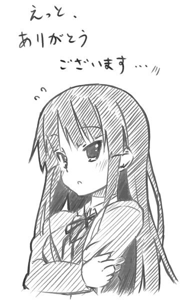 kakifly, akiyama mio, k-on!, translated, 00s, 1girl, blazer, blunt bangs, female focus, greyscale, hime cut, jacket, long hair, monochrome, school uniform, solo