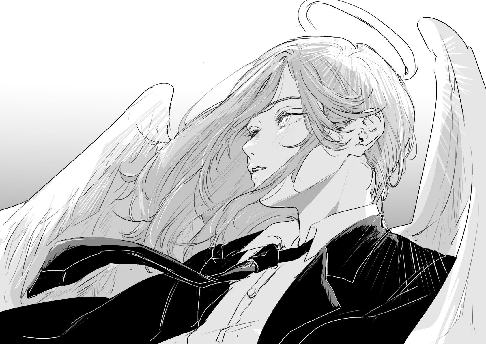 angel devil (chainsaw man), chainsaw man, commentary request, highres, 1boy, angel wings, collared shirt, feathered wings, formal clothes, glowing, glowing halo, greyscale, halo, male focus, medium hair, monochrome, necktie, profile, pu tan inu, shirt, solo, suit, traditional halo, upper body, wings