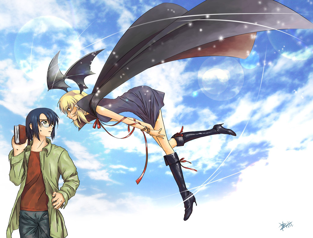 piggy ho ho, athrun zala, cagalli yula athha, gundam, gundam seed, 00s, 1boy, 1girl, blonde hair, blue hair, book, boots, cloud, day, demon girl, glass, glasses, green eyes, head wings, knee boots, sky, wings, yellow eyes