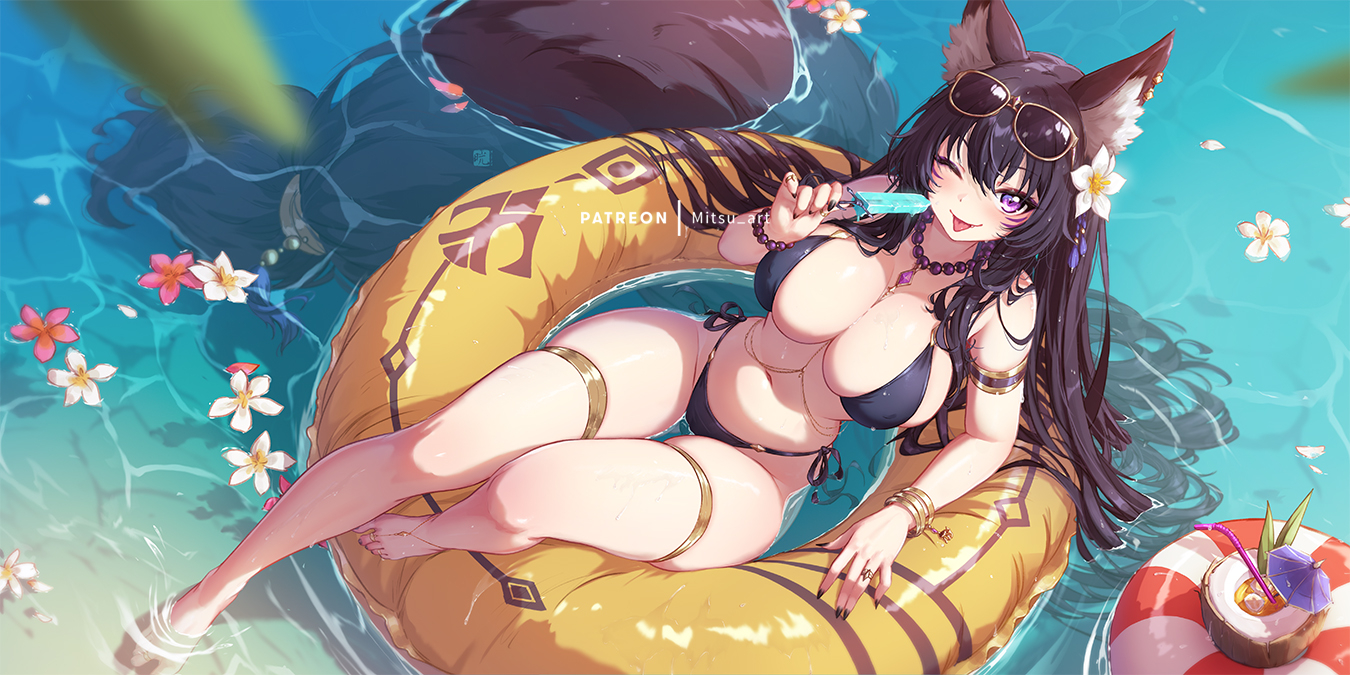 mitsu (mitsu art), delta (kage no jitsuryokusha ni naritakute!), kage no jitsuryokusha ni naritakute!, gold armlet, 1girl, ;p, animal ear fluff, animal ears, armlet, bead bracelet, bead necklace, beads, bikini, black bikini, black hair, black nails, bracelet, breasts, cleavage, cocktail umbrella, drinking straw, eyewear on head, flower, flower on liquid, food, gold bracelet, gold thighlet, holding, holding food, holding popsicle, jewelry, large breasts, long hair, navel, necklace, one eye closed, patreon username, pink flower, popsicle, purple eyes, solo, sunglasses, swim ring, swimsuit, tail, thighlet, tongue, tongue out, water, white flower, wolf ears, wolf girl, wolf tail