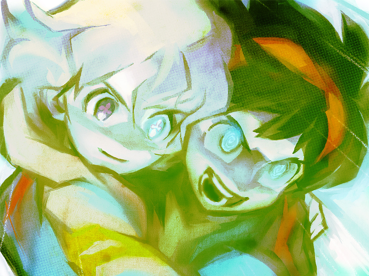 jnt, nia teppelin, simon (ttgl), tengen toppa gurren lagann, bad id, bad pixiv id, >:d, + +, 00s, 1boy, 1girl, :d, blonde hair, blue eyes, cross-shaped pupils, goggles, goggles on head, heterochromia, open mouth, purple eyes, smile, symbol-shaped pupils, teeth, upper body, v-shaped eyebrows