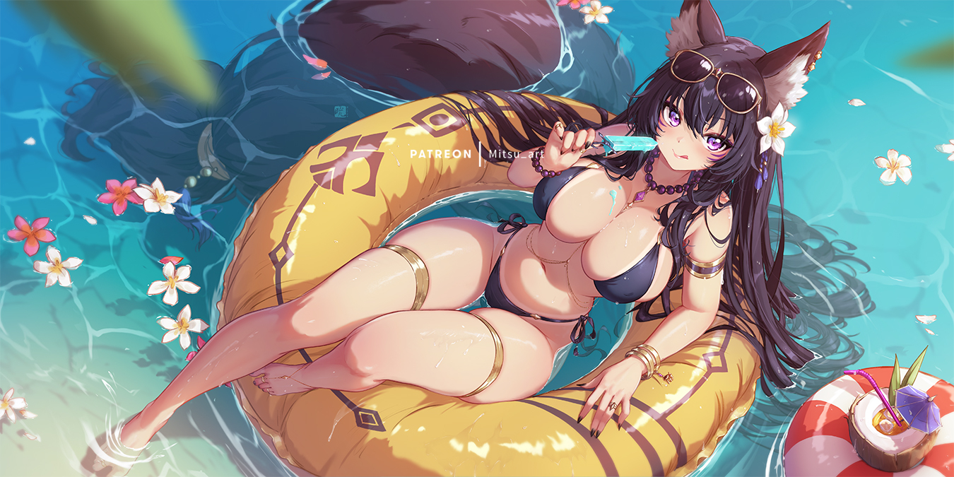 mitsu (mitsu art), delta (kage no jitsuryokusha ni naritakute!), kage no jitsuryokusha ni naritakute!, gold armlet, 1girl, animal ear fluff, animal ears, armlet, bead bracelet, bead necklace, beads, bikini, black bikini, black hair, black nails, bracelet, breasts, cleavage, cocktail umbrella, drinking straw, eyewear on head, flower, flower on liquid, food, gold bracelet, gold thighlet, holding, holding food, holding popsicle, jewelry, large breasts, licking lips, long hair, navel, necklace, one eye closed, patreon username, pink flower, popsicle, purple eyes, solo, sunglasses, swim ring, swimsuit, tail, tan, tanline, thighlet, tongue, tongue out, water, white flower, wolf ears, wolf girl, wolf tail