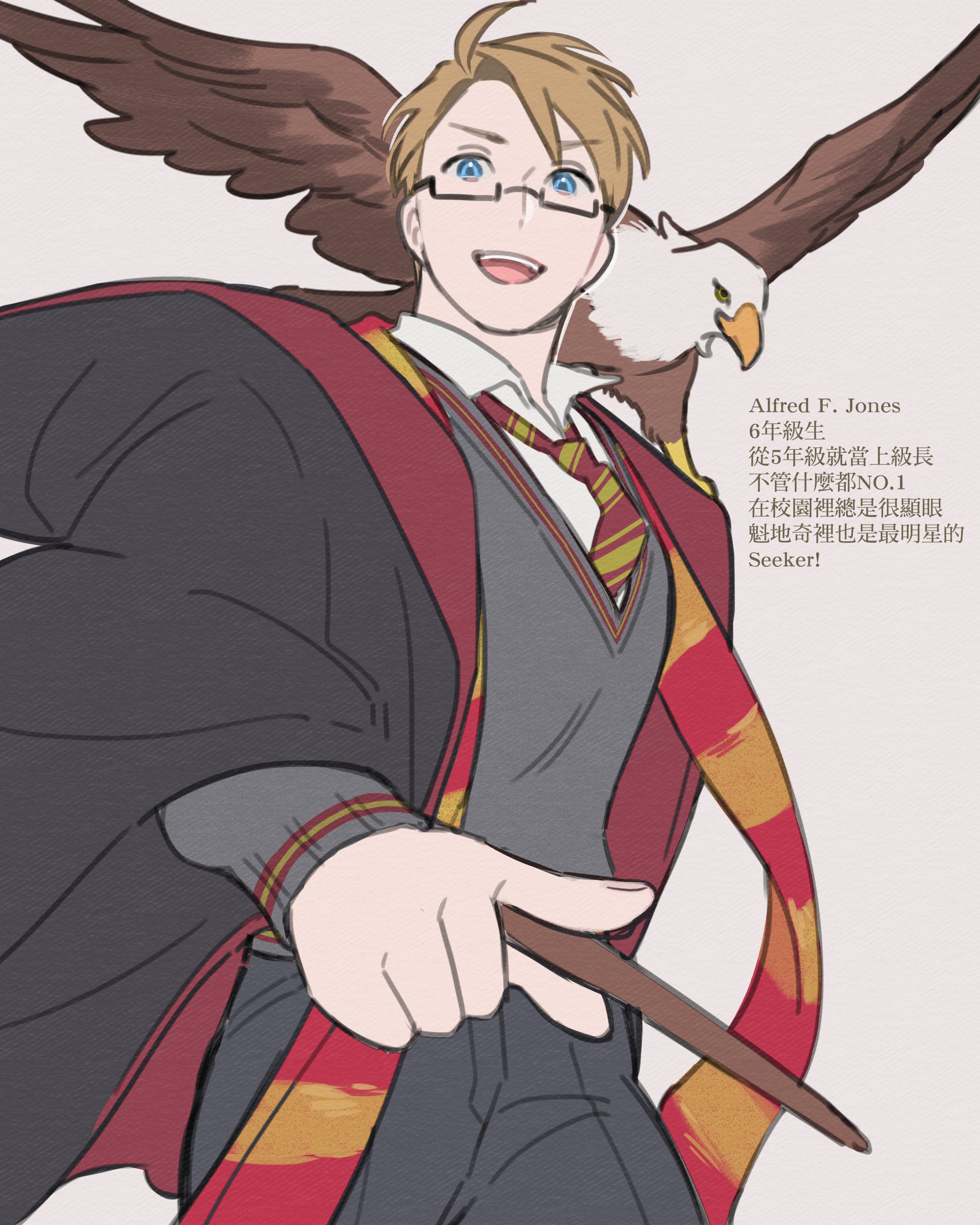 qia li, america (hetalia), axis powers hetalia, harry potter (series), wizarding world, absurdres, chinese commentary, commentary request, highres, translation request, 1boy, ahoge, beak, bird, bird wings, black-framed eyewear, black coat, black pants, blonde hair, blue eyes, character name, chinese text, coat, collared shirt, cowboy shot, crossover, eagle, feathered wings, fingernails, glasses, grey sweater, gryffindor, hogwarts school uniform, holding, holding wand, long sleeves, looking at viewer, male focus, necktie, open clothes, open coat, open mouth, pants, puffy long sleeves, puffy sleeves, red coat, red necktie, red scarf, scarf, school uniform, semi-rimless eyewear, shirt, short hair, simple background, smile, standing, striped clothes, striped necktie, striped scarf, sweater, teeth, two-sided coat, two-sided fabric, wand, white background, white shirt, wide sleeves, wings