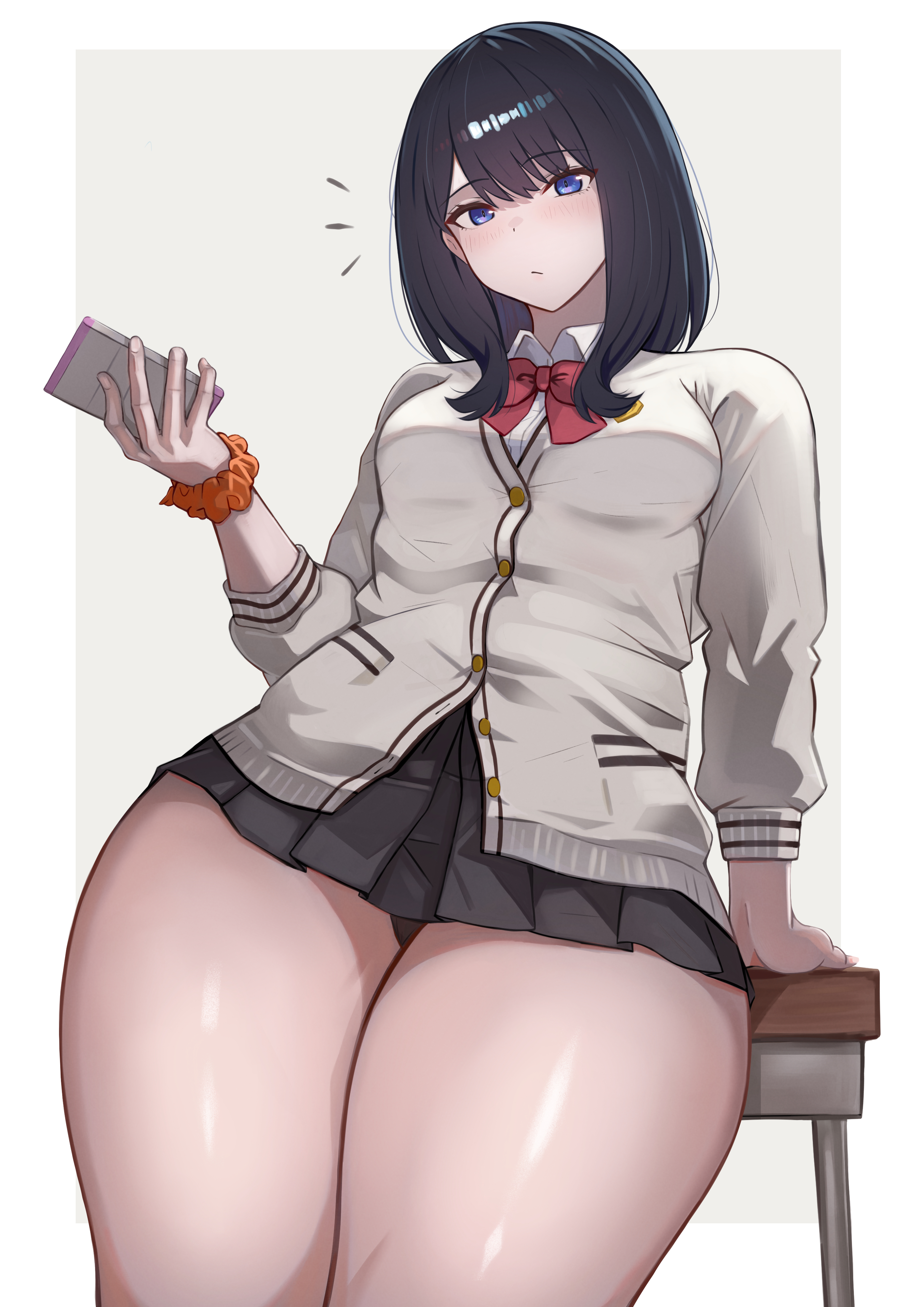 shee-p (inemurisheep113), takarada rikka, gridman universe, ssss.gridman, absurdres, commentary request, highres, 1girl, black hair, black skirt, blue eyes, blush, border, breasts, cardigan, closed mouth, desk, grey background, holding, holding phone, long sleeves, looking at viewer, medium hair, notice lines, partially unbuttoned, phone, pleated skirt, school desk, school uniform, scrunchie, sitting, skirt, small breasts, solo, thick thighs, thighs, white border, white cardigan, wrist scrunchie