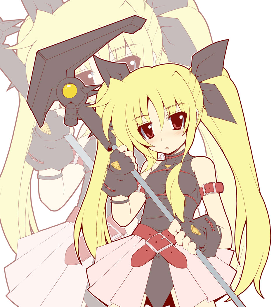 crazy developers, bardiche (device form) (nanoha), bardiche (nanoha), fate testarossa, fate testarossa (original form), lyrical nanoha, mahou shoujo lyrical nanoha, mahou shoujo lyrical nanoha a's, bad id, bad pixiv id, 00s, blonde hair, blush, child, gloves, long hair, red eyes, solo, swimsuit, thighhighs, twintails, very long hair