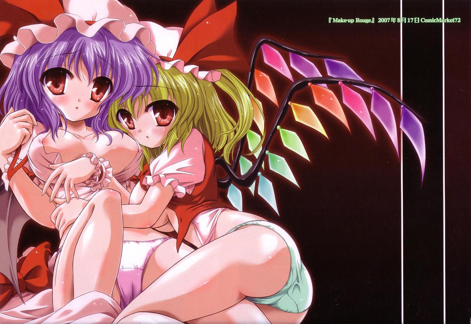 yamu (reverse noise), flandre scarlet, remilia scarlet, touhou, 00s, 2007, 2girls, ass, bat wings, blonde hair, blue hair, blush, bottomless, breasts, dated, embarrassed, female focus, frills, green panties, large breasts, looking back, lying, medium breasts, multiple girls, no pants, on side, panties, purple panties, rainbow order, red eyes, ribbon, siblings, sisters, sitting, socks, underwear, wings