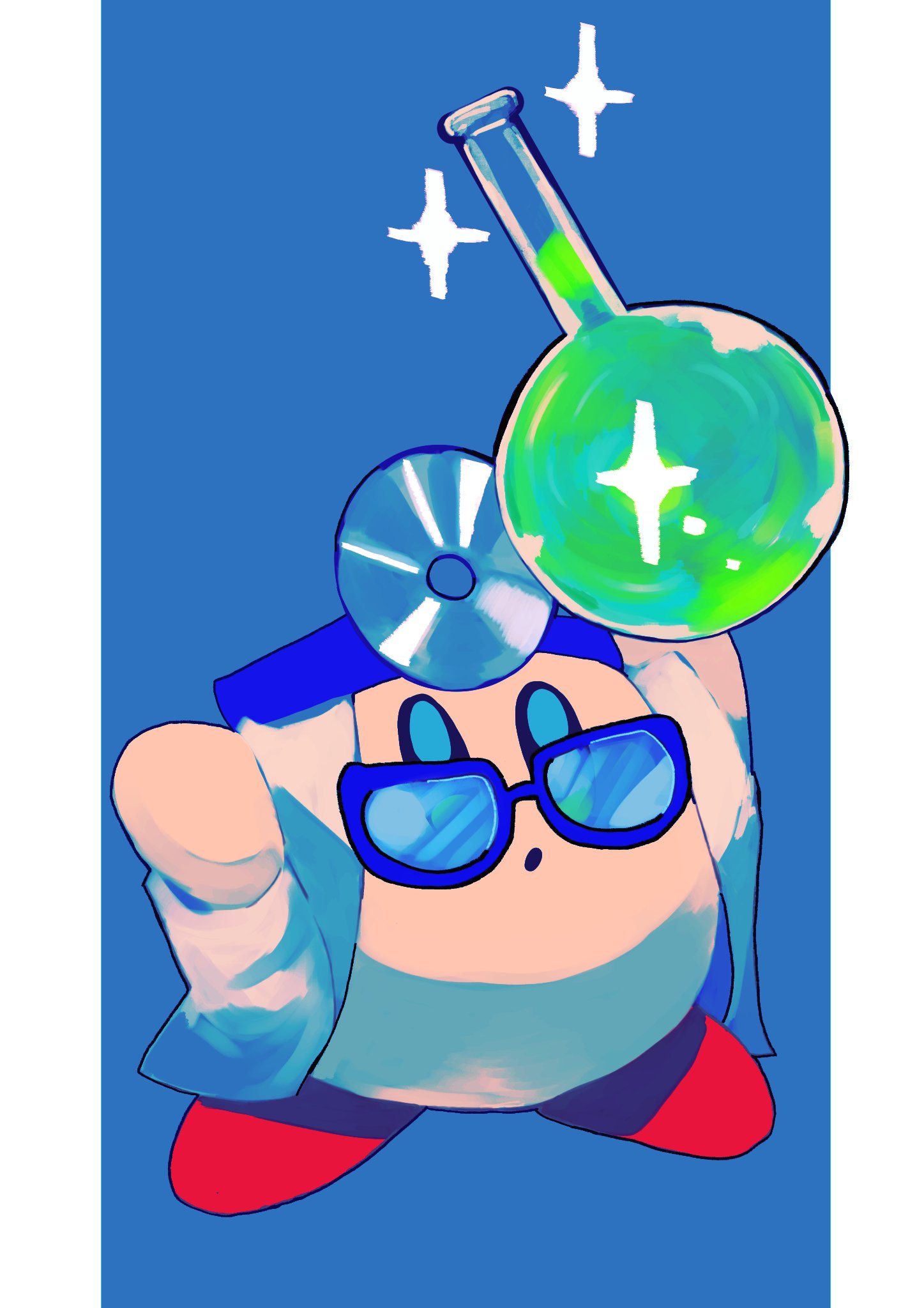 purano7, doctor kirby, kirby, kirby (series), nintendo, highres, :o, blue-framed eyewear, blush stickers, border, coat, colored skin, copy ability, full body, glasses, head mirror, holding potion, lab coat, no humans, open mouth, pink skin, potion, red shoes, shoes, solo, sparkle, two-tone background, white border, white coat