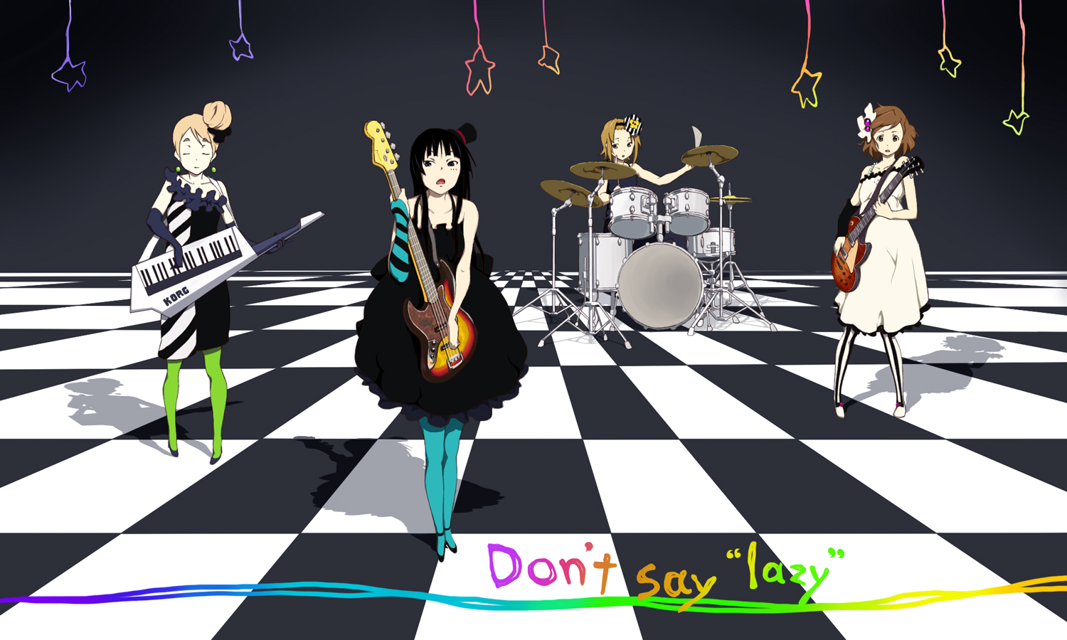 senpuuki, akiyama mio, hirasawa yui, kotobuki tsumugi, tainaka ritsu, don't say "lazy", k-on!, striped legwear, vertical-striped legwear, 00s, 4girls, band (music), bass guitar, black hair, blonde hair, blue pantyhose, blunt bangs, brown hair, drum, drum set, electric guitar, english text, facepaint, gibson les paul, gothic lolita, green pantyhose, guitar, hair ornament, hairband, hairclip, hat, hime cut, ho-kago tea time, instrument, keyboard, keytar, lolita fashion, long hair, mini hat, mini top hat, multiple girls, pantyhose, short hair, striped clothes, striped pantyhose, top hat, vertical-striped clothes, vertical-striped pantyhose
