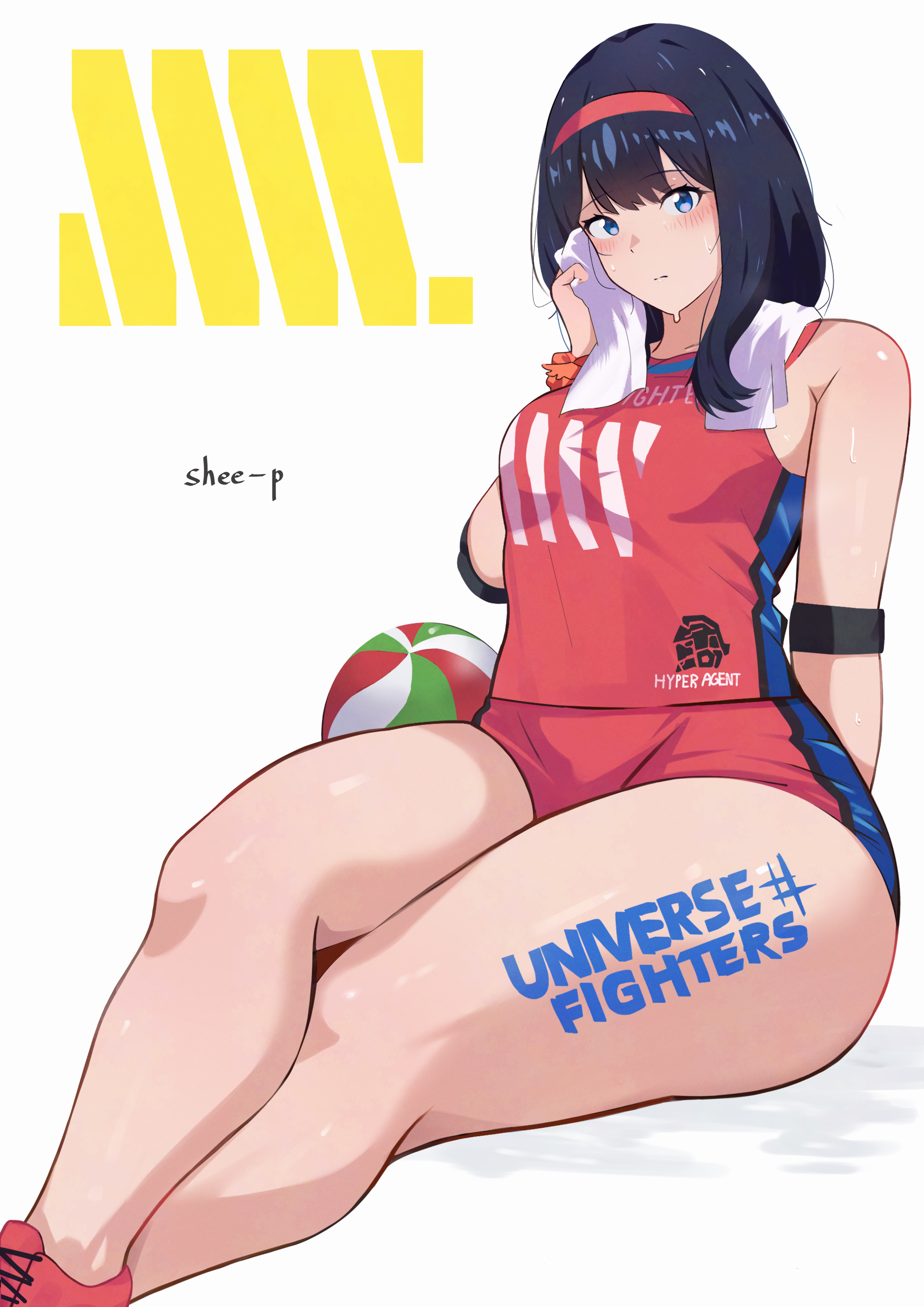 shee-p (inemurisheep113), takarada rikka, gridman universe, ssss.gridman, absurdres, commentary request, highres, 1girl, black hair, blue eyes, blush, elbow pads, long hair, looking at viewer, red shirt, red shoes, shirt, shoes, short shorts, shorts, simple background, sitting, sleeveless, sleeveless shirt, solo, sportswear, sweat, thick thighs, thighs, towel, volleyball, volleyball uniform, white background
