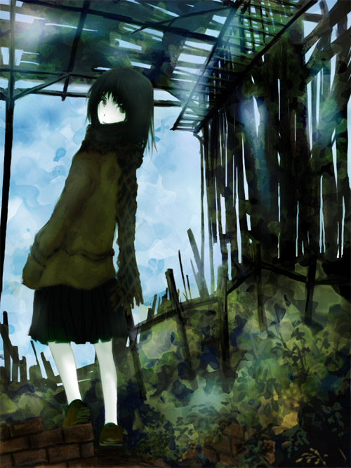 yoshidaworks, bad id, bad pixiv id, black hair, brick, jacket, scarf, skirt