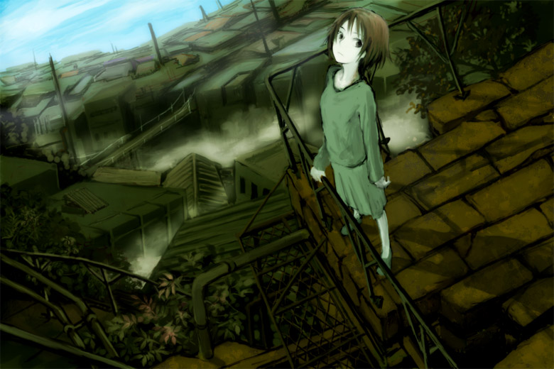 yoshidaworks, original, bad id, bad pixiv id, balcony, factory, industrial pipe, landscape, short hair, skirt