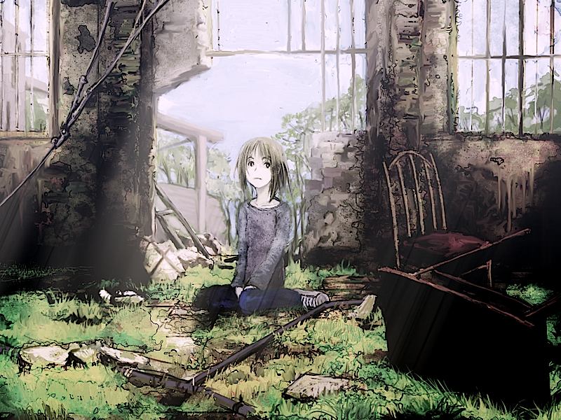 yoshidaworks, original, bad id, bad pixiv id, tagme, chair, grass, short hair, solo, table