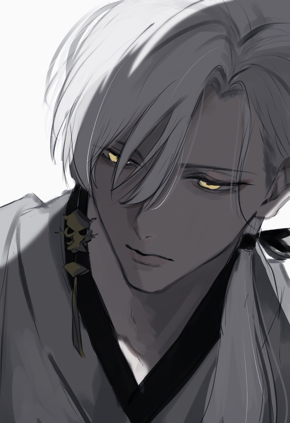 wu yuuri, fox mask (silent hill), silent hill (series), silent hill f, commentary, highres, symbol-only commentary, 1boy, bishounen, closed mouth, earrings, japanese clothes, jewelry, kimono, lips, long hair, looking down, male focus, parted hair, piercing, side ponytail, simple background, single earring, solo, upper body, v-neck, white background, white hair, white kimono, yellow eyes