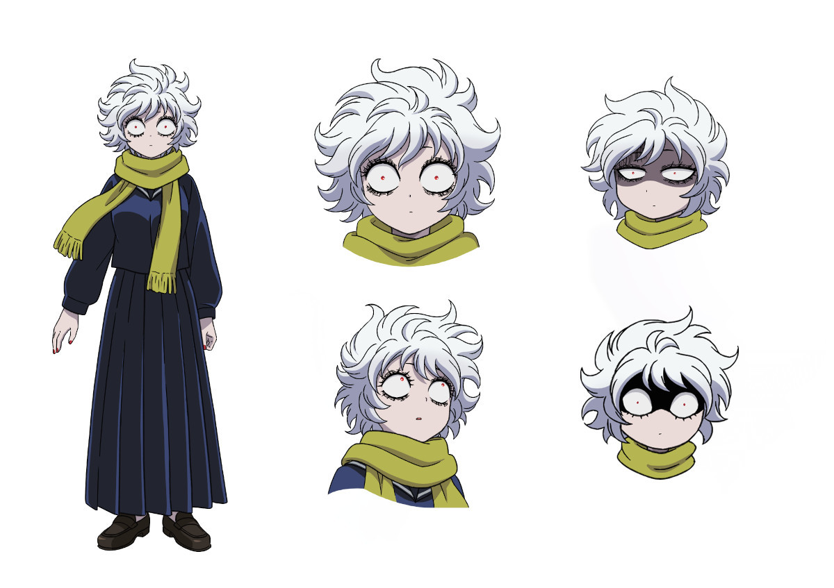 mechako (let's go kaikigumi), let's go kaikigumi, official art, 1girl, blue serafuku, constricted pupils, full body, loafers, long skirt, looking at viewer, looking up, messy hair, multiple expressions, pleated skirt, red eyes, reference sheet, sailor collar, sanpaku, scarf, school uniform, serafuku, shaded face, shoes, simple background, skirt, solo, straight-on, white background, white hair, yellow scarf