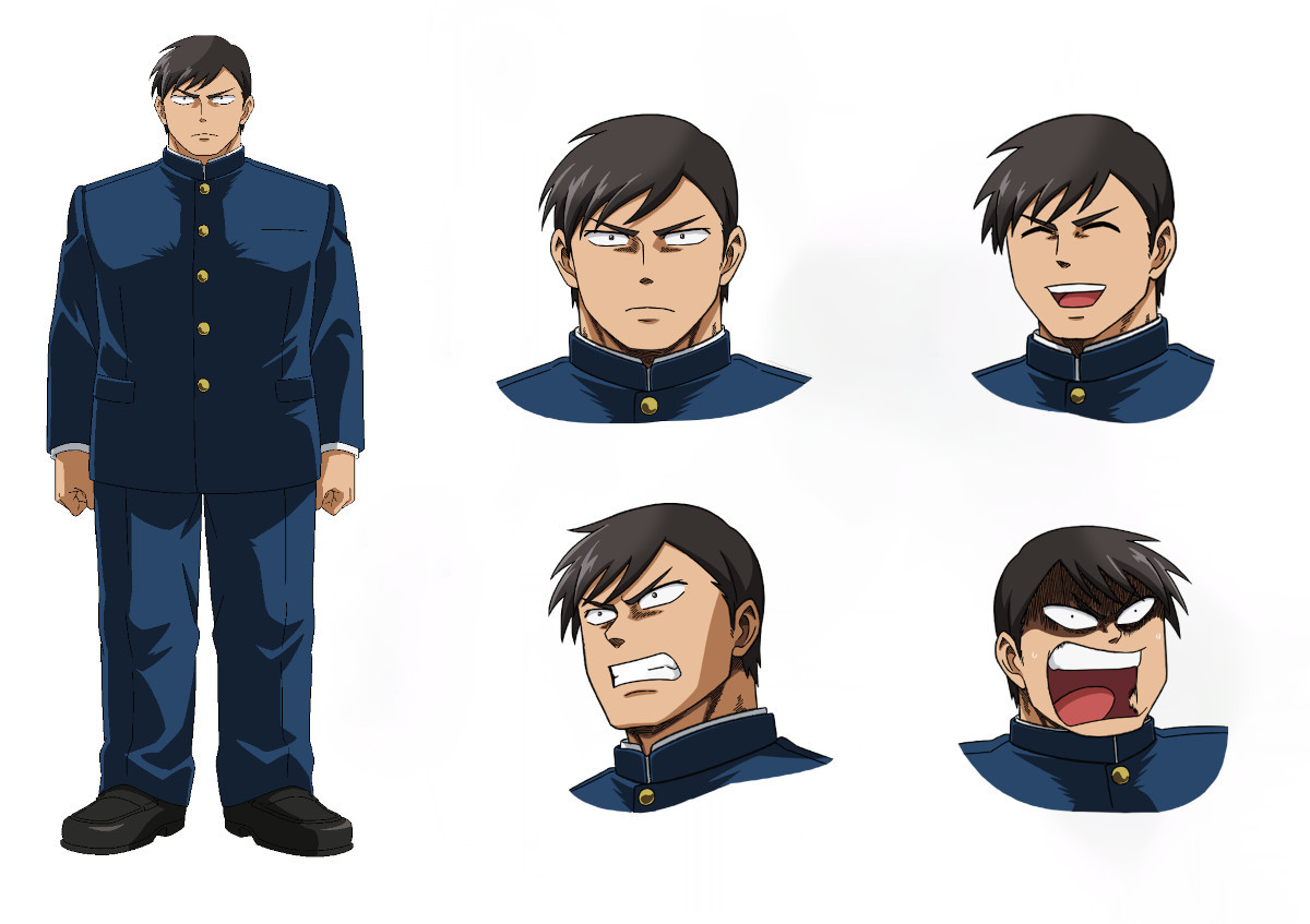let's go kaikigumi, official art, 1boy, angry, black hair, blue gakuran, closed mouth, constricted pupils, full body, gakuran, multiple expressions, open mouth, protagonist (let's go kaikigumi), reference sheet, sanpaku, scared, school uniform, shaded face, short hair, simple background, smile, solo, straight-on, tongue, white background