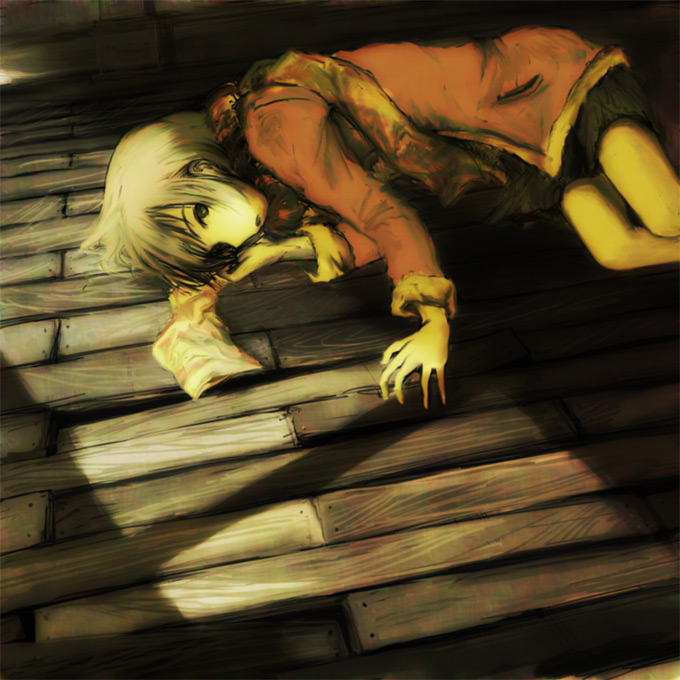 yoshidaworks, original, bad id, bad pixiv id, grey hair, jacket, lying, scarf, short hair, skirt, solo