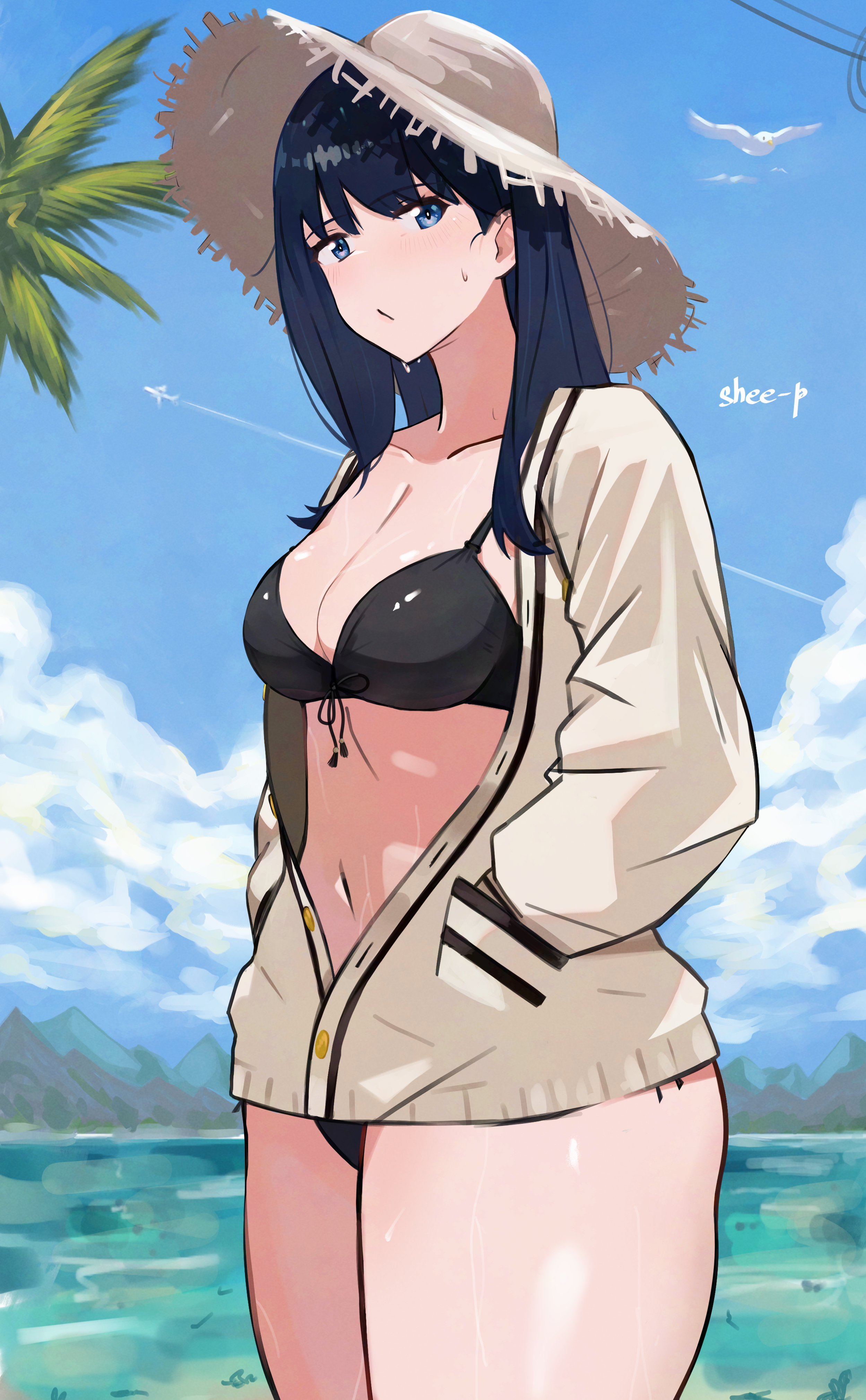 shee-p (inemurisheep113), takarada rikka, gridman universe, ssss.gridman, absurdres, highres, 1girl, aircraft, airplane, bikini, bird, black bikini, black hair, blue eyes, blue sky, blush, breasts, cardigan, cleavage, cloud, collarbone, contrail, curvy, day, hands in pockets, long hair, long sleeves, looking at viewer, medium breasts, navel, outdoors, seagull, sidelocks, sky, solo, standing, swimsuit, thick thighs, thighs, white cardigan