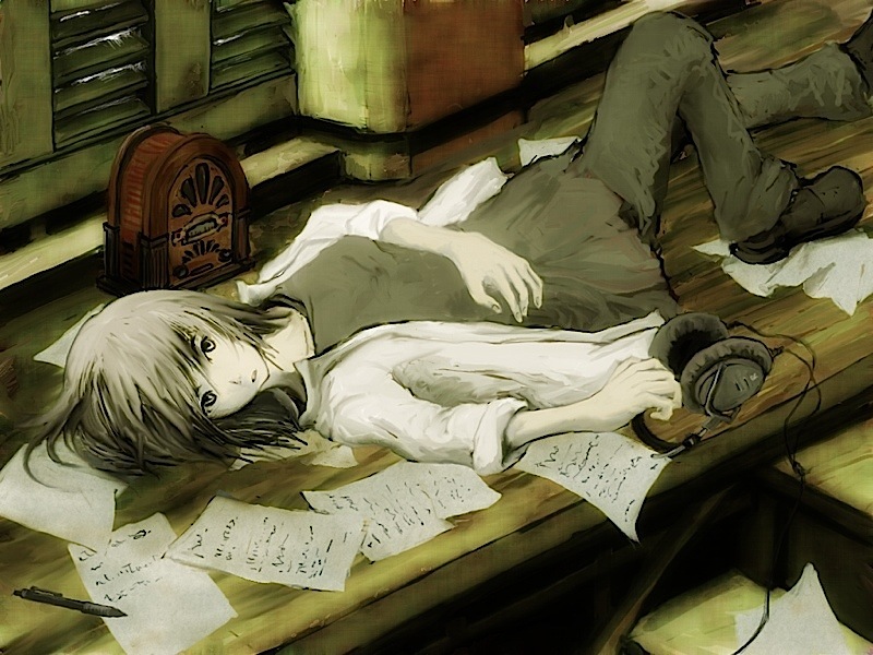 yoshidaworks, original, bad id, bad pixiv id, 1girl, female focus, grey hair, headphones, long hair, lying, paper, radio, sleeves rolled up, solo