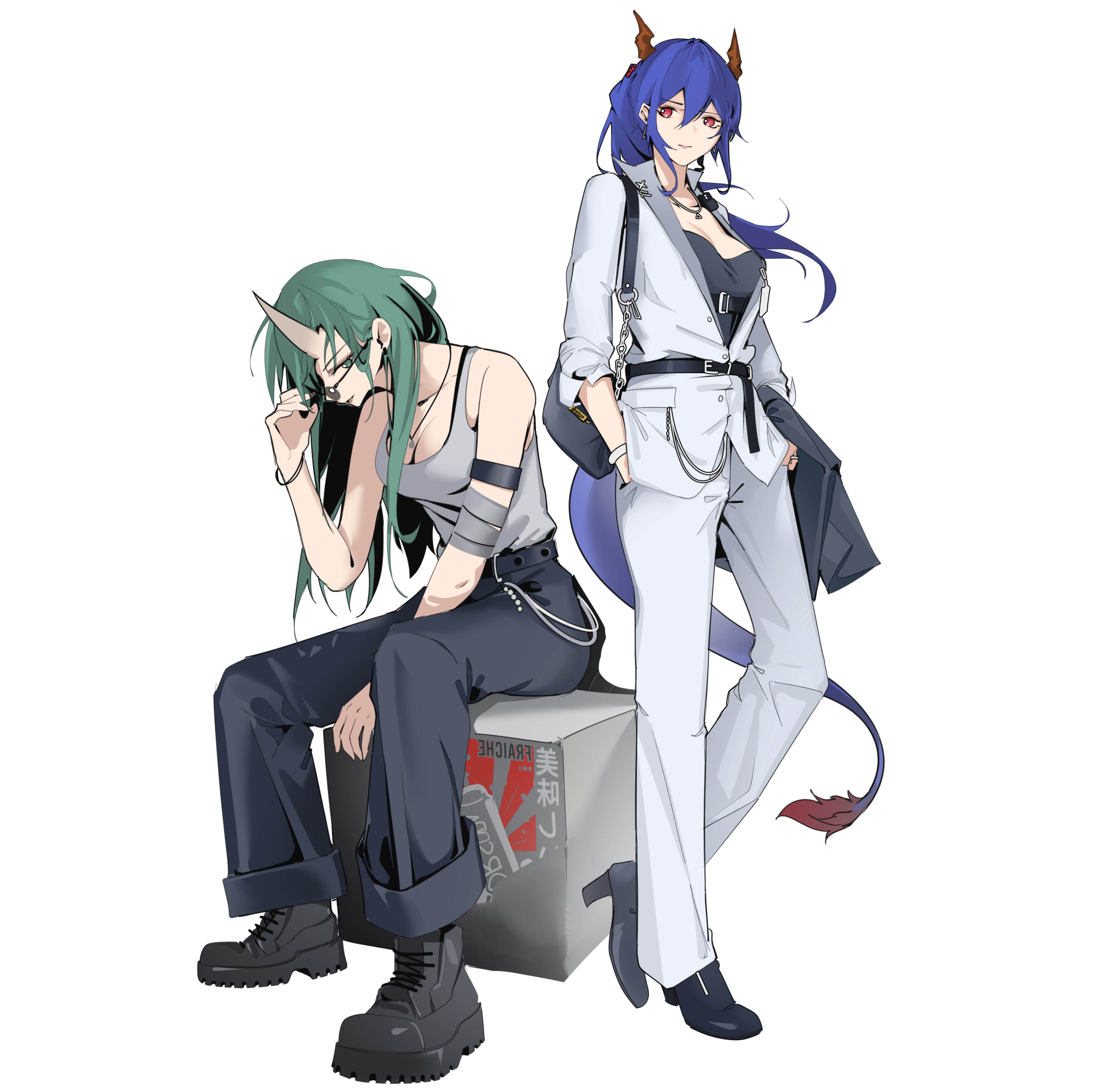 khrnnfz, ch'en (arknights), hoshiguma (arknights), arknights, absurdres, highres, 2girls, adjusting eyewear, alternate costume, bare shoulders, belt, black belt, black bra, black pants, black shirt, black shoes, blue hair, bra, breasts, cleavage, closed mouth, collarbone, dragon girl, dragon horns, dragon tail, dress pants, english text, full body, fur-tipped tail, glasses, green eyes, green hair, grey tank top, hair between eyes, horns, jacket, jewelry, long hair, medium breasts, multiple girls, necklace, oni, pants, parted lips, ponytail, red eyes, shirt, shoes, sidelocks, single horn, skin-covered horns, solo, standing, suit jacket, tail, tank top, underwear, white jacket, white pants