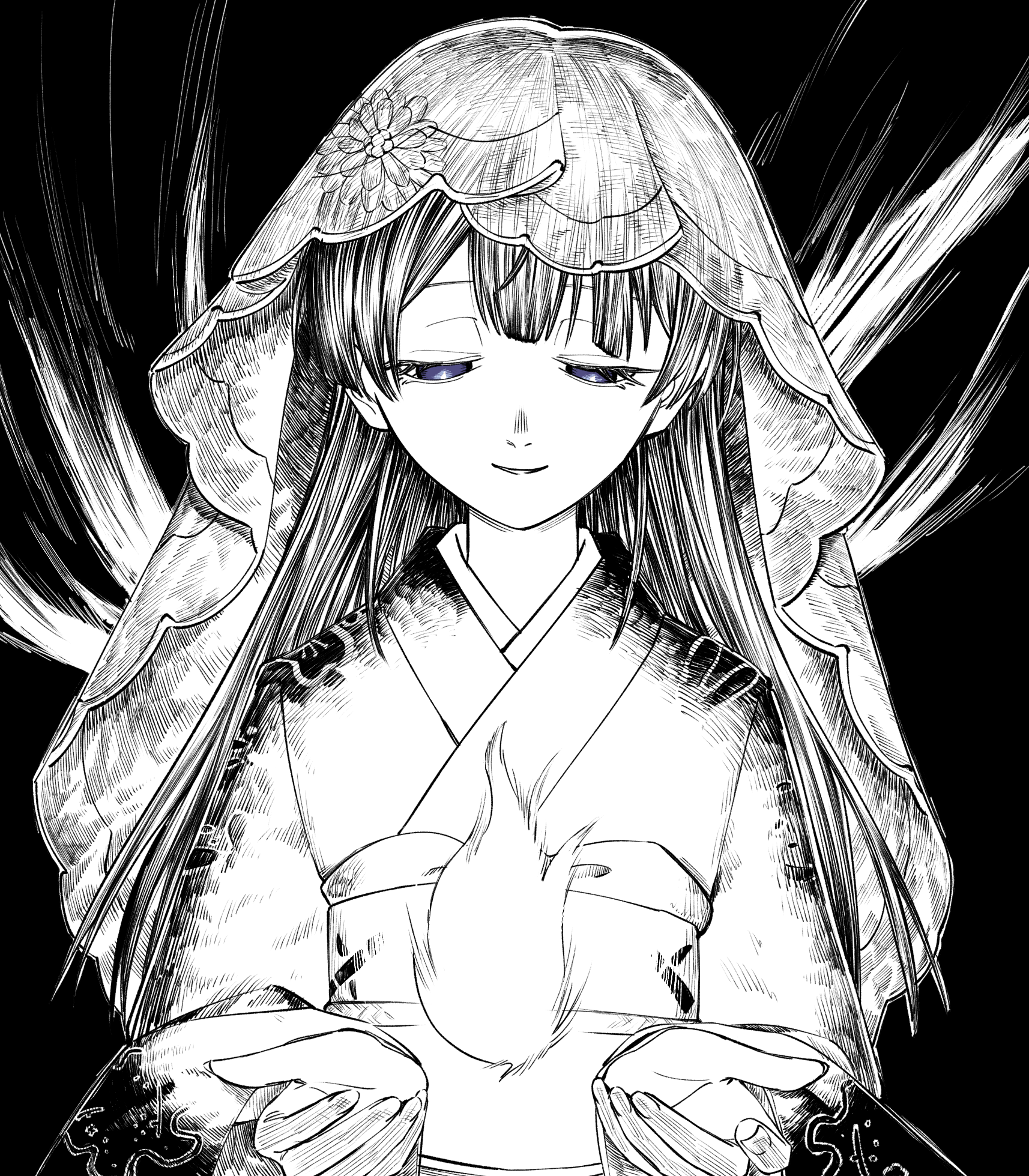 kajika (kazika mtk16), tsukino mito, tsukino mito (hyakumonogatari), nijisanji, commentary request, highres, 1girl, fire, greyscale, half-closed eyes, hands up, hitodama, long hair, long sleeves, looking down, monochrome, obi, obiage, object floating above hand, parted lips, purple eyes, sash, simple background, single flame, smile, solo, spot color, straight-on, upper body, veil, virtual youtuber