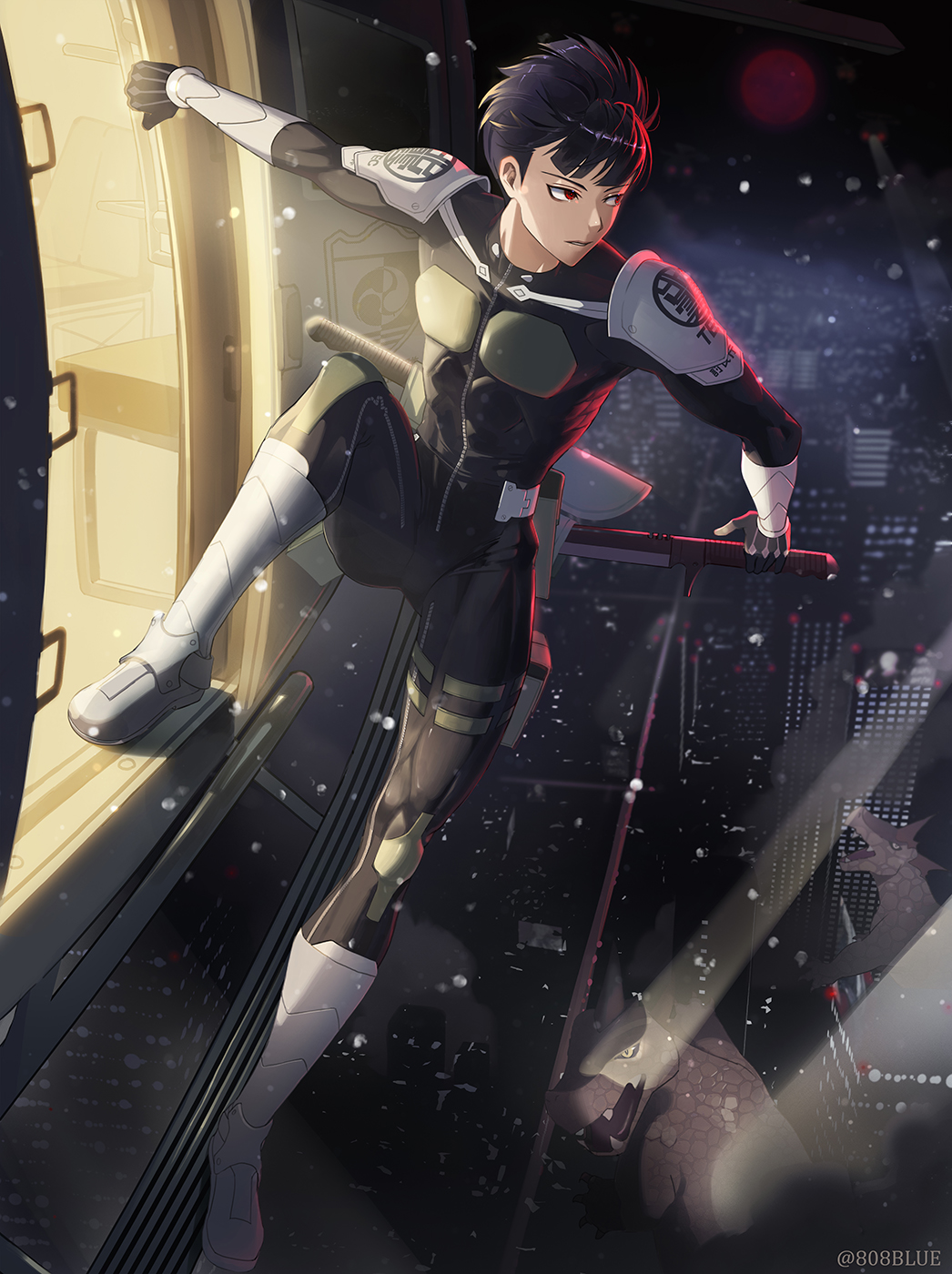 8083 blue, hoshina soshiro, kaijuu no. 8, commentary, highres, 1boy, aircraft, black bodysuit, black hair, bodysuit, drawing sword, full body, helicopter, holding, holding sword, holding weapon, leaning out of window, male focus, monster, moon, parted lips, red eyes, red moon, short hair, snowing, solo, sword, weapon