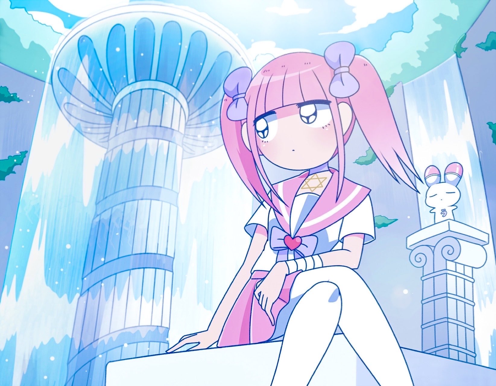 ezaki bisuko, menhera-chan (ezaki bisuko) (character), usatan (ezaki bisuko), menhera-chan (ezaki bisuko), highres, 1girl, animal, bandaged arm, bandages, bow, bowtie, choker, closed mouth, expressionless, hair bow, heart, hexagram, jewelry, jitome, light blush, looking to the side, necklace, outdoors, pillar, pink hair, pink sailor collar, pink skirt, pleated skirt, purple bow, purple bowtie, purple choker, rabbit, sailor collar, short twintails, sidelocks, sitting, skirt, star of david, twintails