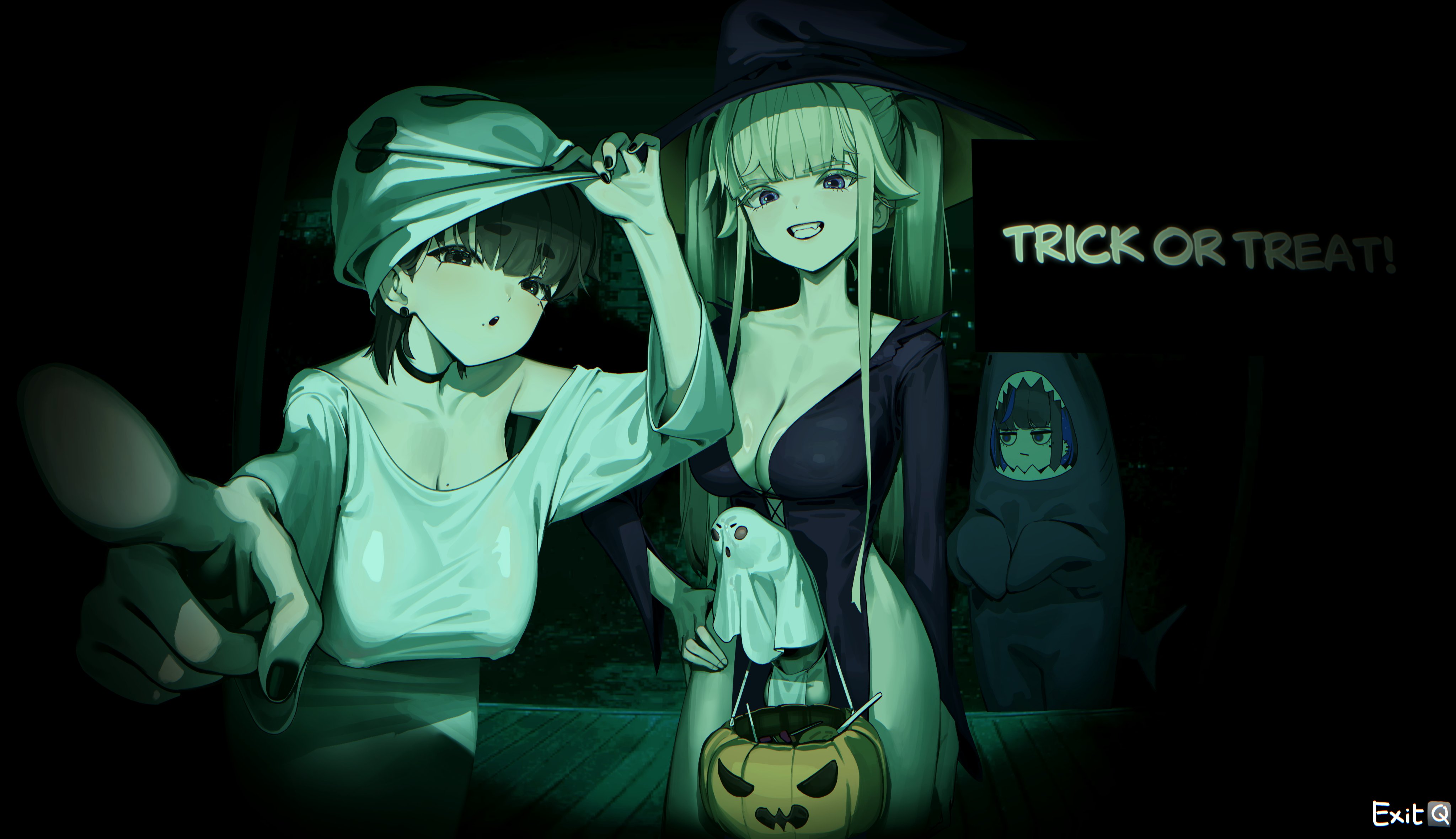 tagua, no i'm not a human, original, absurdres, highres, 3girls, :o, :|, animal costume, black choker, black dress, black hair, black nails, blonde hair, breasts, choker, cleavage, clenched teeth, closed mouth, collarbone, covered erect nipples, covered penis, covered testicles, dress, ear piercing, earrings, enid (tagua), erection, ghost costume, half-closed eyes, hanging breasts, hat, highleg, highleg dress, huge breasts, jewelry, large breasts, long hair, long sleeves, looking at viewer, mole, mole on breast, mole under eye, mole under mouth, multiple girls, night, pelvic curtain, perspective, piercing, pointing, pointing at viewer, purple eyes, rene (tagua), shark costume, short hair, sidelocks, teeth, thick eyebrows, thighs, trick or treat, twintails, witch hat