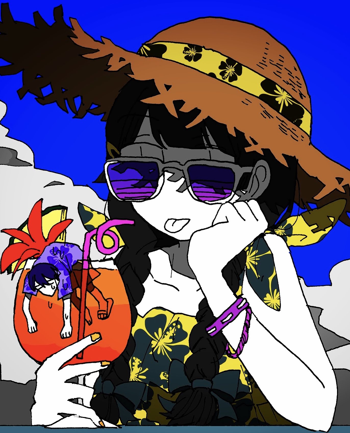 kenmochi touya, tsukino mito, nijisanji, commentary request, highres, 1boy, 1girl, alternate costume, bendy straw, black dress, blue sky, bracelet, braid, closed mouth, cloud, dress, drinking straw, floral print, floral print dress, flower in drink, food, hair over shoulder, hand on own chin, hat, hawaiian shirt, head rest, in food, jewelry, long hair, looking at viewer, looking over eyewear, low twin braids, mini person, miniboy, outdoors, partially colored, print dress, purple-tinted eyewear, purple shirt, shirt, short hair, short sleeves, shouen (sho s975), sky, spaghetti strap, straw hat, sun hat, sunglasses, tinted eyewear, tongue, tongue out, tropical drink, twin braids, two-tone dress, upper body, yellow dress
