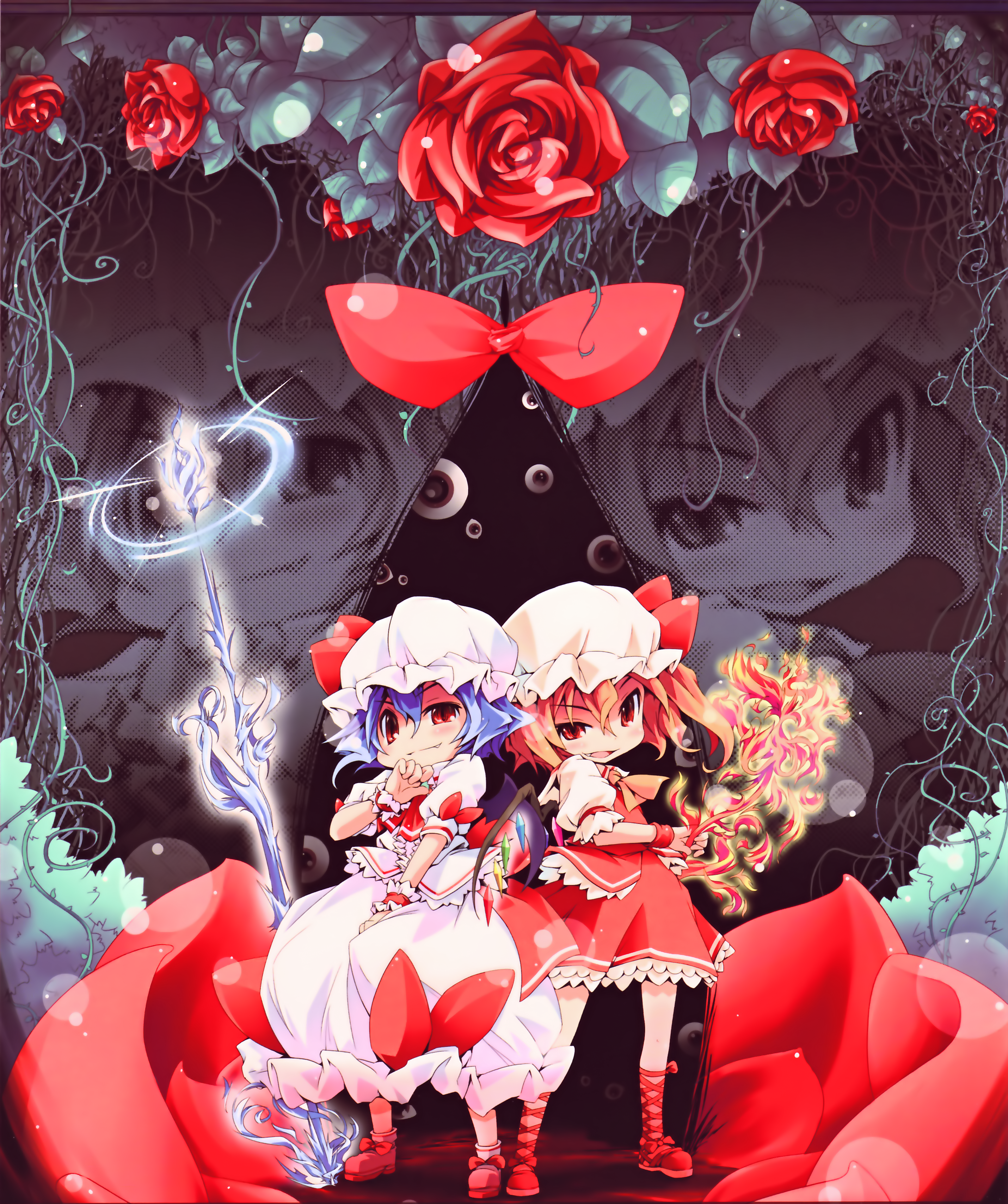 ham (points), flandre scarlet, remilia scarlet, touhou, absurdres, highres, huge filesize, 2girls, blonde hair, blue hair, chibi, dress, female focus, fire, flower, food, frills, ham, hat, laevatein, loli, multiple girls, red eyes, ribbon, rose, siblings, side ponytail, sisters, skirt, smile, spear the gungnir, zoom layer