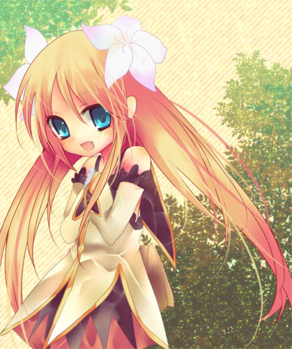 pochi-t, marta lualdi, tales of (series), tales of symphonia, tales of symphonia: dawn of the new world, lowres, 00s, 1girl, blue eyes, brown hair, child, fang, female focus, flower, gloves, hair ornament, long hair, smile, solo