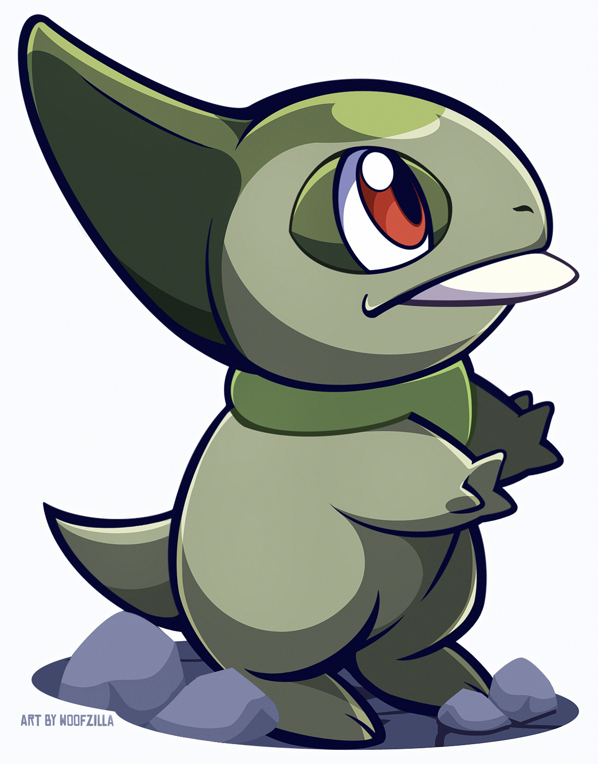woofzilla, axew, nintendo, pokemon, commentary, english commentary, highres, closed mouth, full body, gen 5 pokemon, no humans, nostrils, pokemon (creature), red eyes, rock, simple background, solo, white background