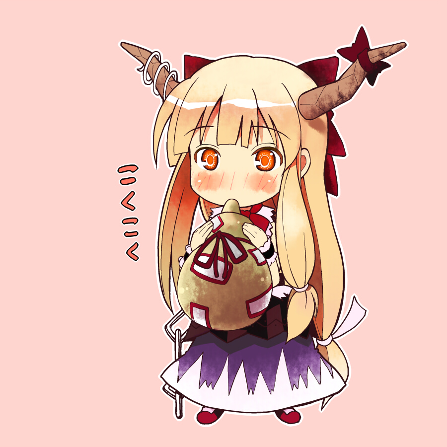 boshi (a-ieba), boshinote, ibuki suika, touhou, bad id, bad pixiv id, 1girl, blonde hair, blush, chain, chibi, female focus, gourd, hair ribbon, horns, orange eyes, ribbon, solo, wrist cuffs