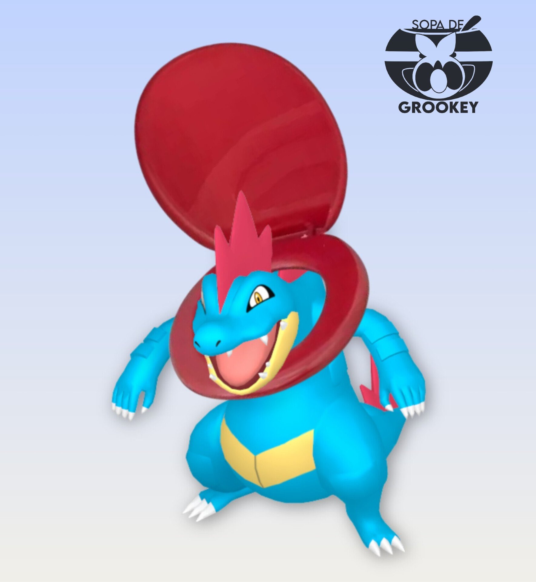 feraligatr, mega feraligatr, skibidi toilet (character), nintendo, pokemon, pokemon legends: z-a, skibidi toilet (series), commentary, english commentary, highres, 1other, alligator, animal focus, blue skin, brian benito97, colored skin, cosplay, crocodilian, gen 2 pokemon, gradient background, mohawk, open mouth, outstretched arms, parody, pokemon (creature), pokemon focus, sharp teeth, skibidi toilet (character) (cosplay), solo, teeth, toilet, toilet seat, watermark, yellow eyes