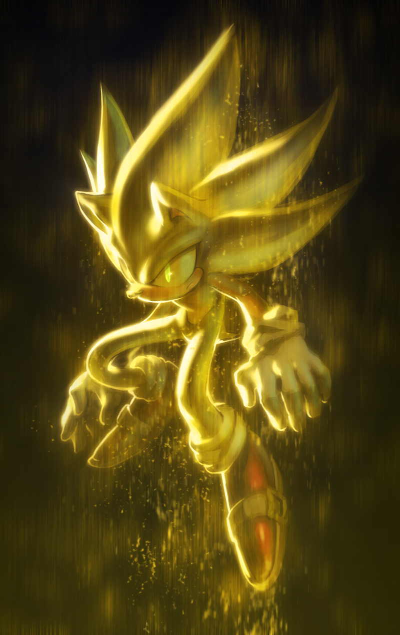 mri, sonic the hedgehog, super sonic, sega, sonic (series), bad id, bad pixiv id, highres, 1boy, aura, epic, full body, furry, furry male, gloves, glowing, glowing eyes, male focus, solo