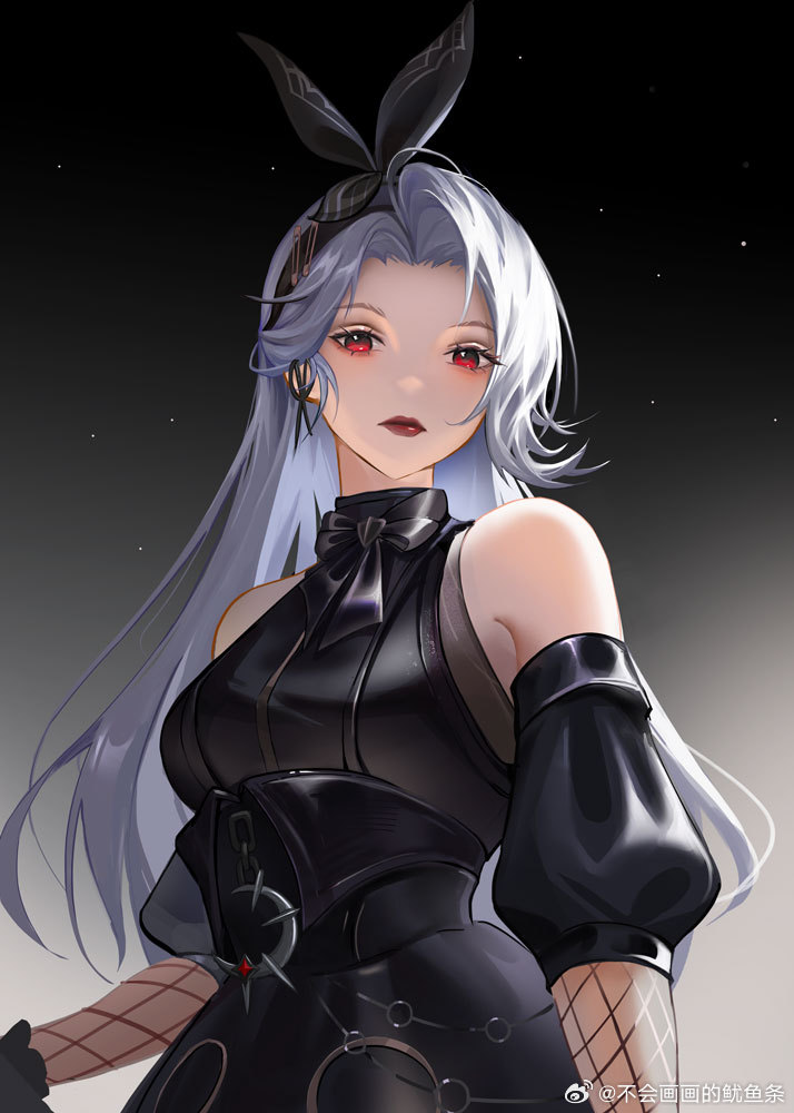 aderinna (infinity nikki), infinity nikki, nikki (series), chinese commentary, commentary request, 1girl, asymmetrical bangs, bare shoulders, black arm warmers, black background, black bow, black bowtie, black corset, black dress, black gloves, black hairband, black sleeves, bow, bow hairband, bowtie, bu hui huahua de youyu tiao, closed mouth, corset, cowboy shot, crescent, detached sleeves, dress, earrings, expressionless, eyelashes, fishnets, frilled gloves, frills, gloves, gradient background, grey background, grey hair, hairband, halter dress, halterneck, holding, jewelry, light particles, lipstick, long hair, looking at viewer, makeup, puffy short sleeves, puffy sleeves, red eyes, red lips, scissors, short sleeves, simple background, solo, turtleneck, turtleneck dress, two-tone background, very long hair, watermark, weibo watermark